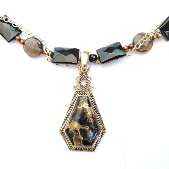 Barse Goldtone Bronze Chunky Black Onyx Smokey Quartz Pendant Necklace Evening a